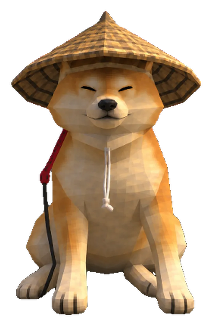 China Inu, a low-poly shiba in a woven straw hat, sitting with eyes closed and a red lead at his side
