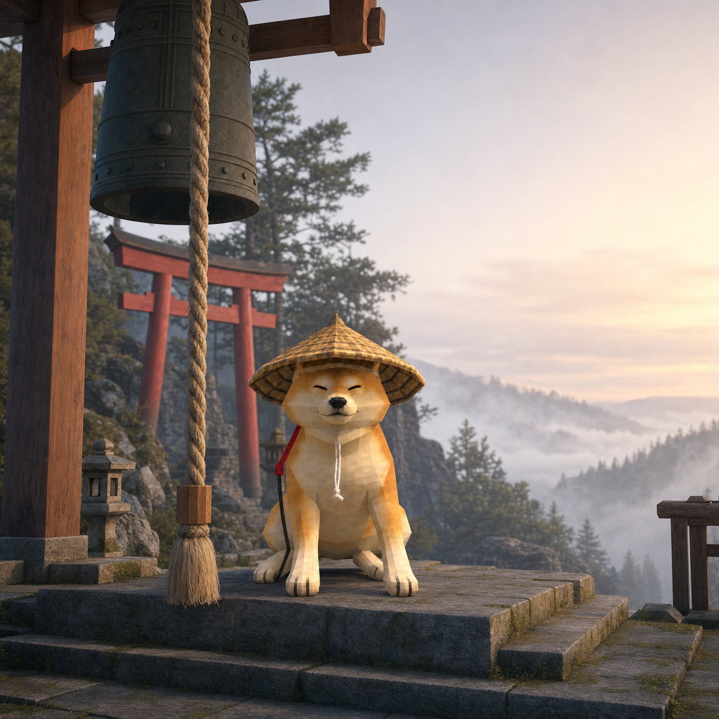 China Inu sitting beside a great bronze shrine bell and its rope, a red torii and a misty valley behind him at dawn